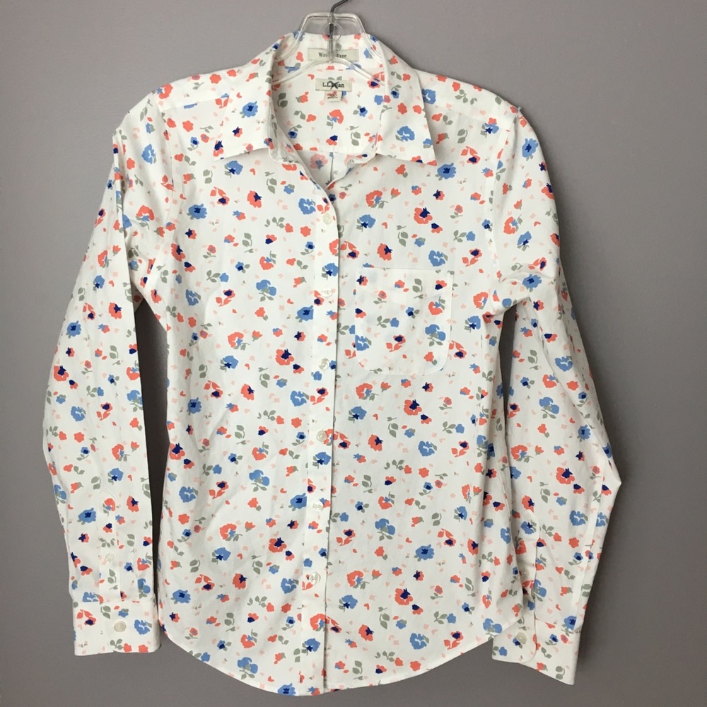 L.L. Bean Floral Blouse Wrinkle Free Button Up Top XXS Pink Blue Flowers
